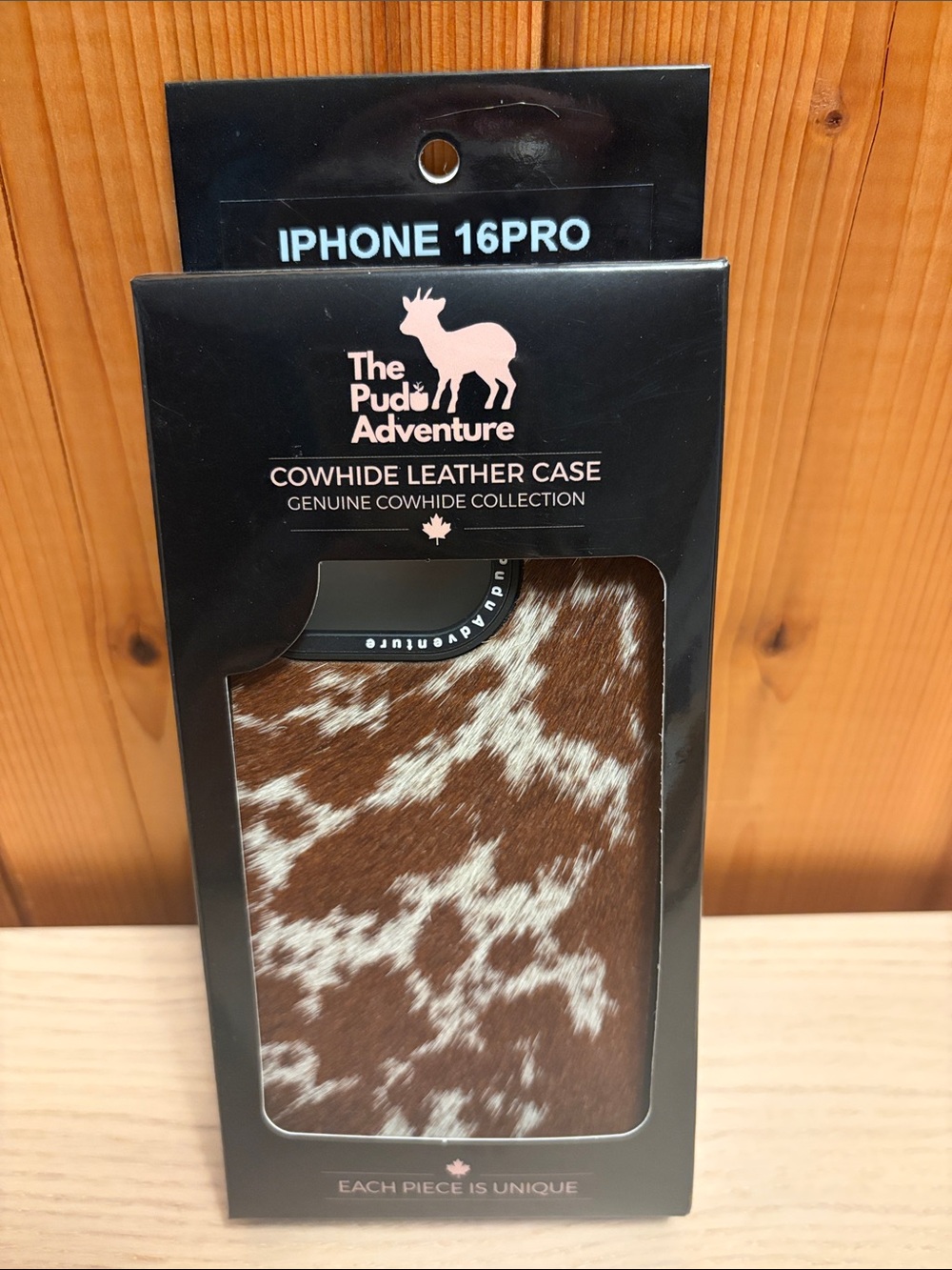 NWT Cowhide Leather iPhone 16 Pro Case - Brown & White